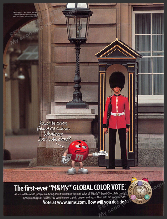 M&M's 2000s Print Advertisement 2002 Buckingham Palace Queen's King's Guard Fetch-the-Paper