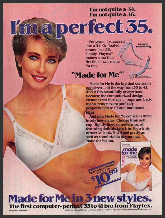 Made for Me 1980s Magazine Print Advertisement 1985 Bra "I'm a perfect 35" Made for Me