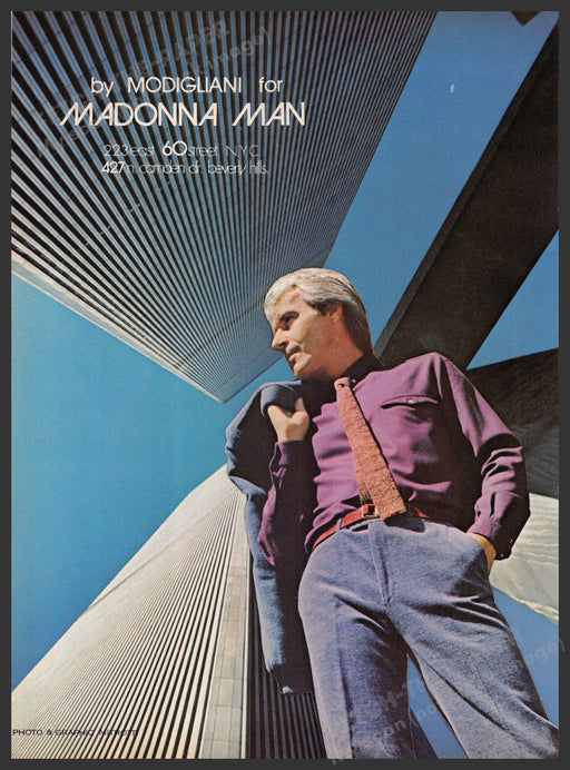 Madonna Man Clothing by Modigliani 1970s Print Advertisement Ad 1979 Twin Towers Fetch-the-Paper