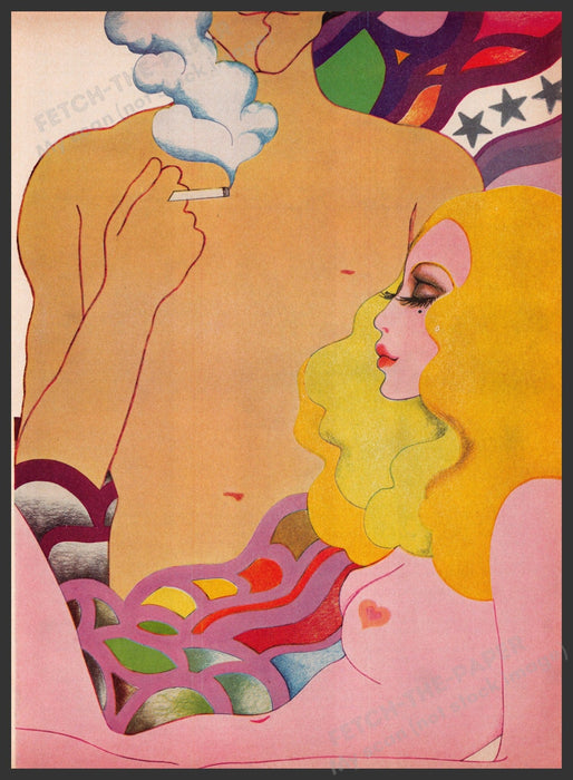 Magazine Illustration by Wendy Buttrose 1960s Print 1969 Smoking Couple Bare Fetch the Paper!