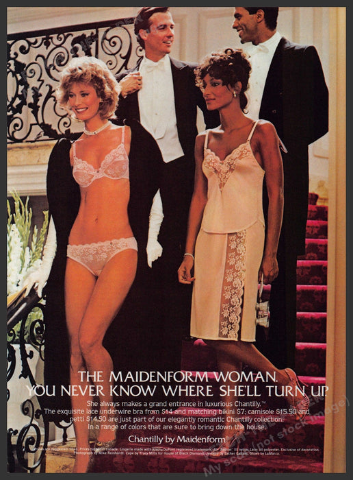 Maidenform Chantilly Lingerie 1980s Print Advertisement 1983 Legs Woman Party Fetch-the-Paper