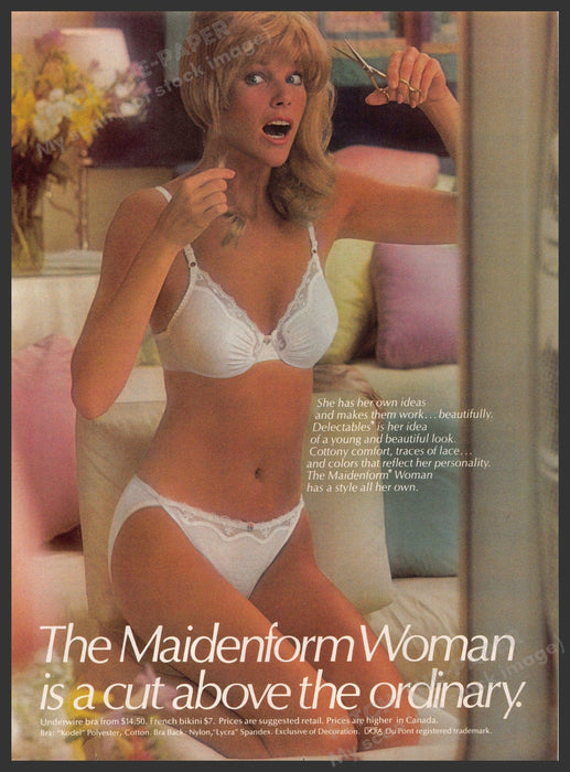 Maidenform Delectables 1980s Print Advertisement 1986 Blonde Cutting Her Hair Fetch-the-Paper