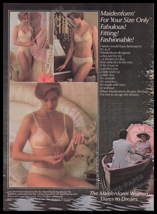 Maidenform Lingerie Dares to Dream 1980s Print Advertisement Ad 1985 Rowboat Fetch-the-Paper