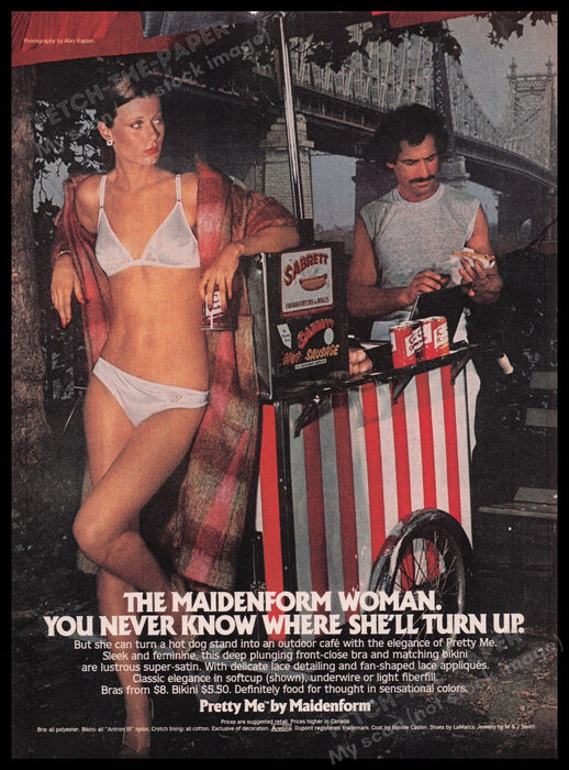 Maidenform Pretty Me Lingerie 1980s Print Advertisement Ad 1981 Hotdog Vendor Fetch-the-Paper