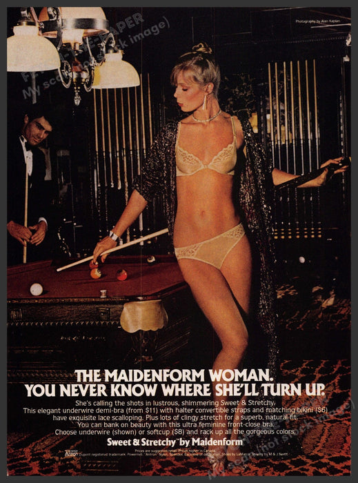 Maidenform Woman 1980s Print Advertisement 1981 Sweet & Stretchy Playing Pool Fetch-the-Paper