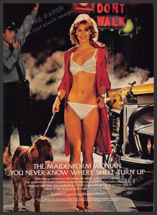 Maidenform Woman 1980s Print Advertisement 1983 Legs Irish Setter Dog Cross Walk Fetch-the-Paper