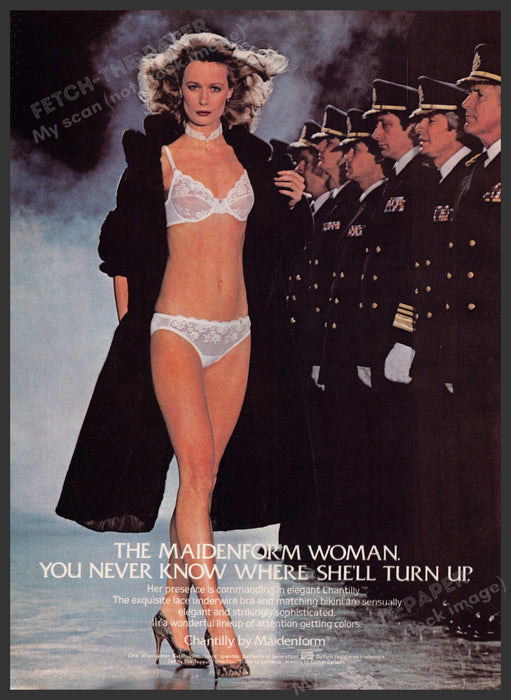 Maidenform Woman Chantilly Lingerie 1980s Print Advertisement 1982 Military Men Fetch-the-Paper