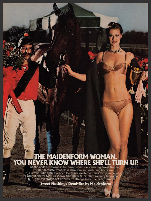 Maidenform Woman Horse Racing 1980s Print Advertisement Ad 1981 Jockey Track Fetch-the-Paper