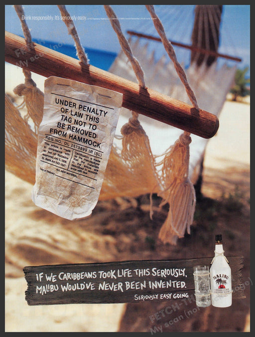 Malibu Rum 2000s Print Advertisement 2001 Hammock Tag Beach Fetch-the-Paper