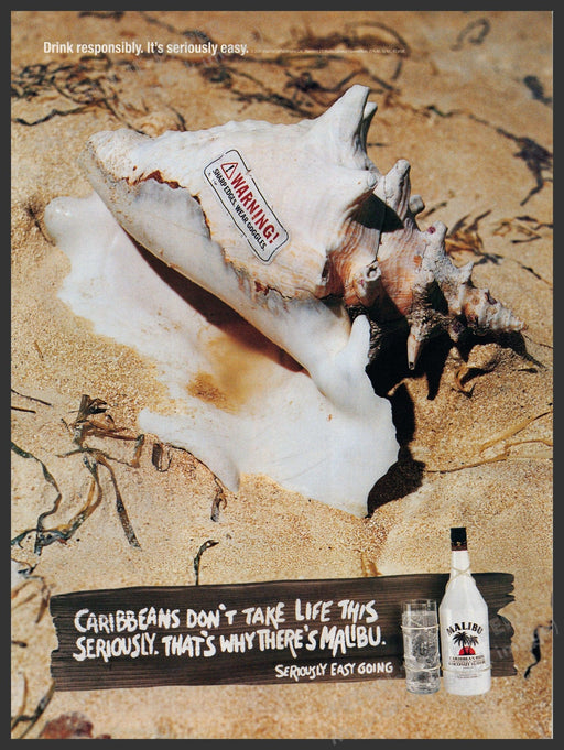 Malibu Rum 2000s Print Advertisement 2001 Seashell Warning Sharp Edges Fetch-the-Paper