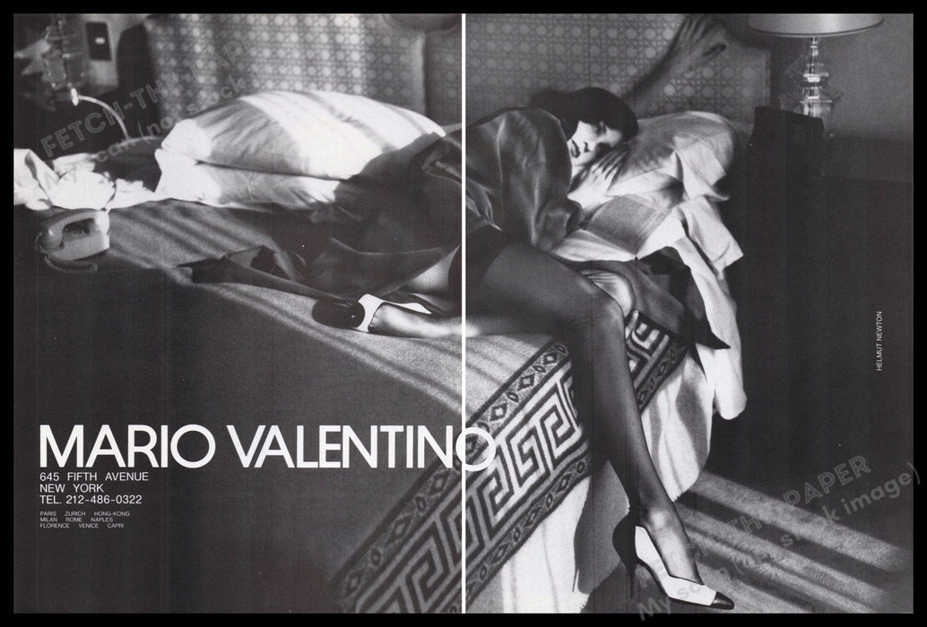 Mario Valentino Shoes 1980s Print Advertisement (2 pgs) 1989 Hosiery Legs Bed Fetch the Paper!