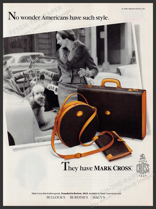 Mark Cross Handbags 1980s Print Advertisement Ad 1988 Poodle Dog Fetch-the-Paper