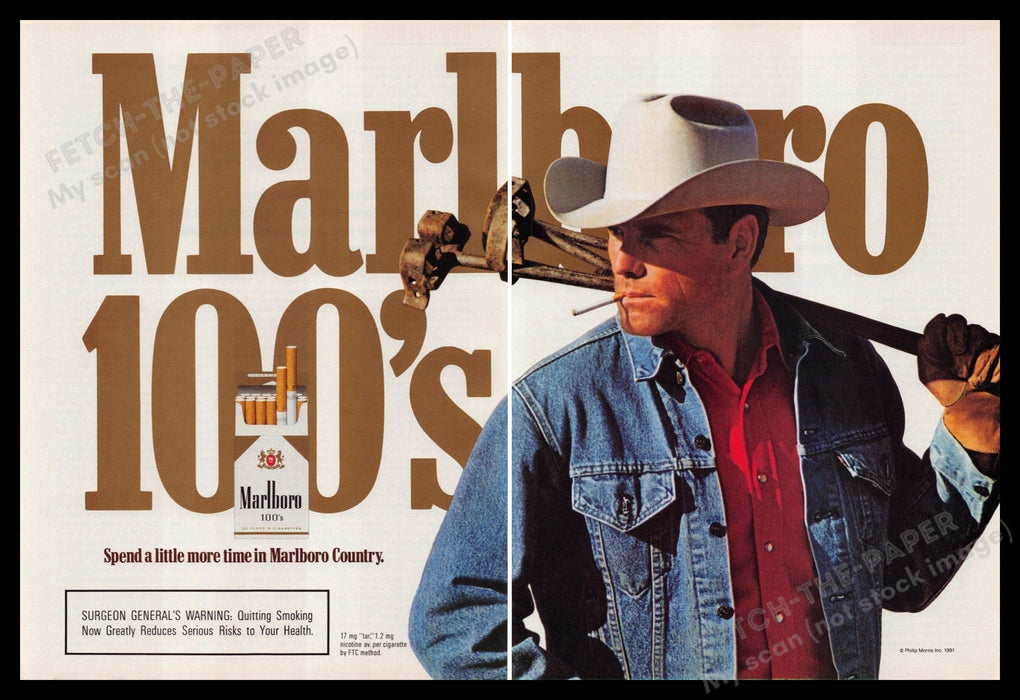 Marlboro 100's Cigarettes 1990s Print Advertisement (2 Page) 1991 Branding Irons Fetch-the-Paper
