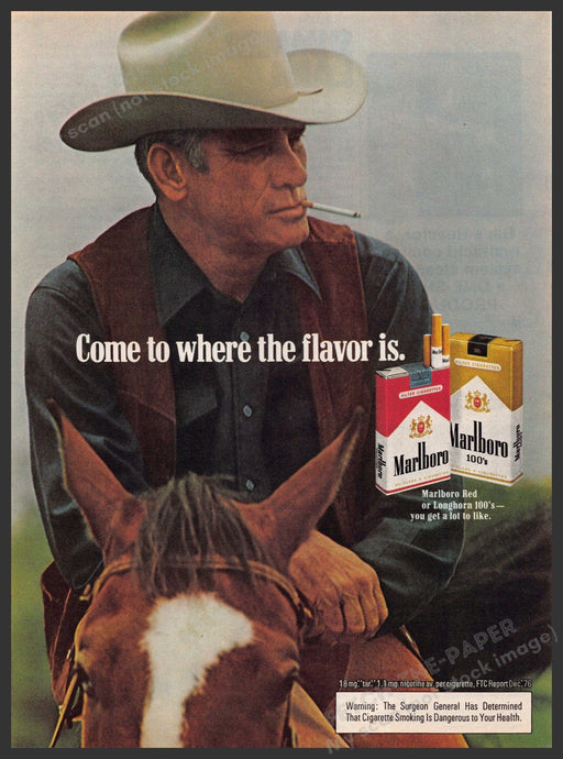 Marlboro 1970s Magazine Print Advertisement 1977 Older Cowboy Sitting on Horse Marlboro