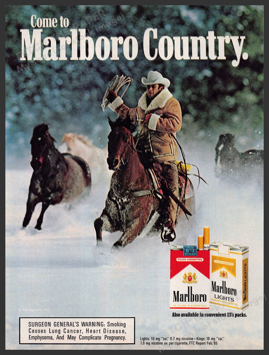 Marlboro 1980s Print Advertisement 1986 Deep Snow Herd Cowboy Roping Marlboro
