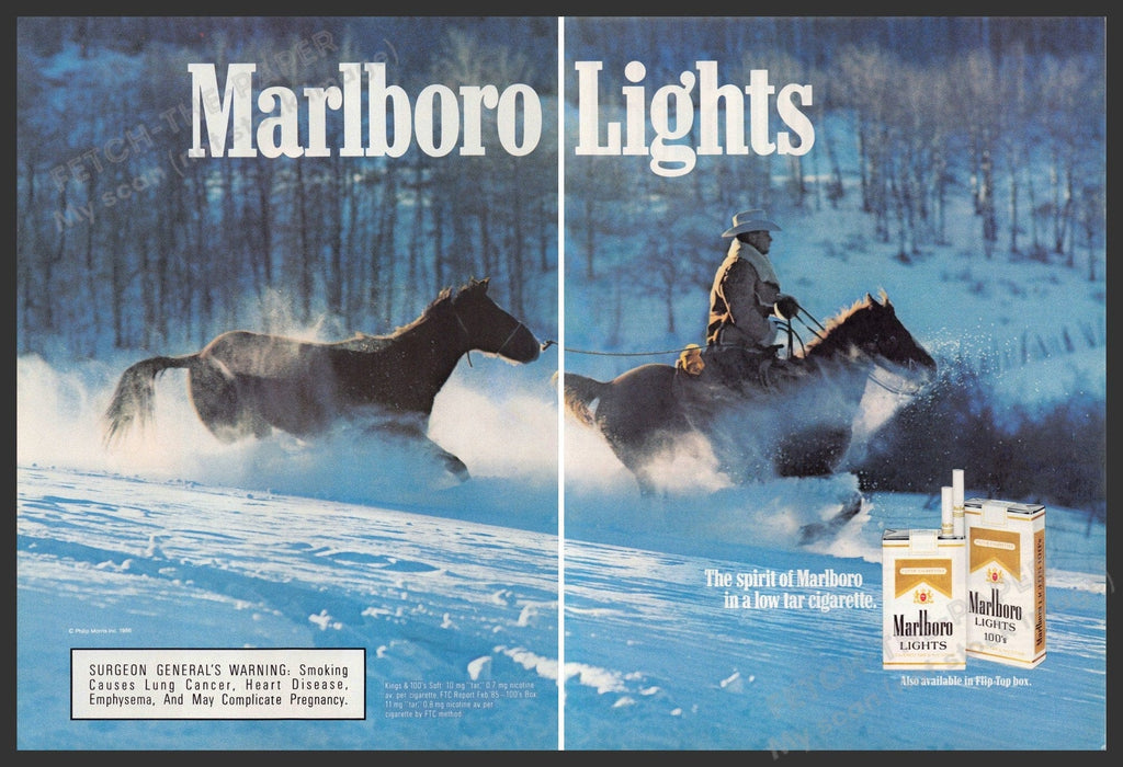 Marlboro 1980s Print Advertisement (2 page) 1987 Snow Cowboy Horses Running Marlboro