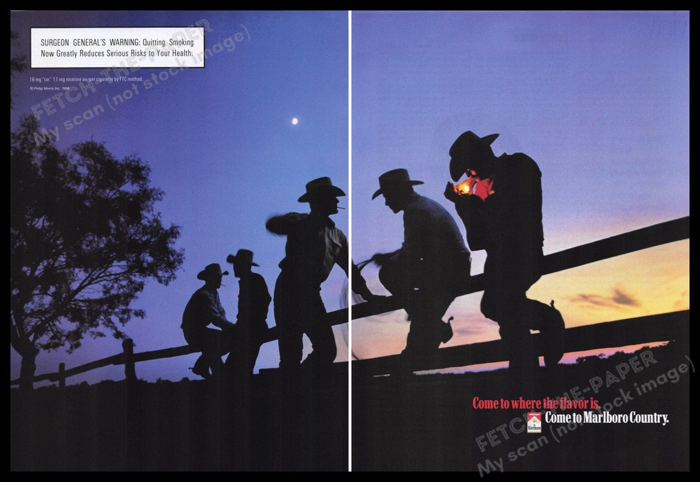 Marlboro Cigarettes 1990s Print Advertisement (2 pgs) 1998 Cowboys Purple Sunset Fetch the Paper!