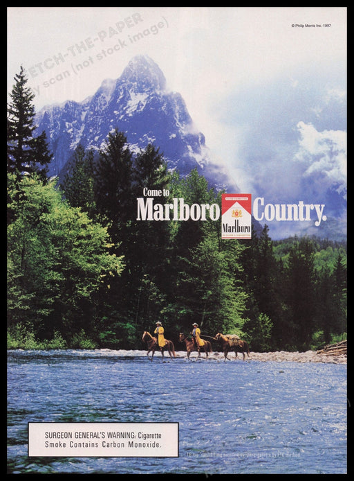 Marlboro Cigarettes 1990s Print Advertisement Ad 1997 Cowboys Tall Mountains Fetch the Paper!