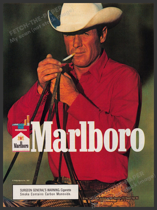 Marlboro Cigarettes Red Shirt 1980s Print Advertisement Ad 1987 Man Cave Fetch-the-Paper