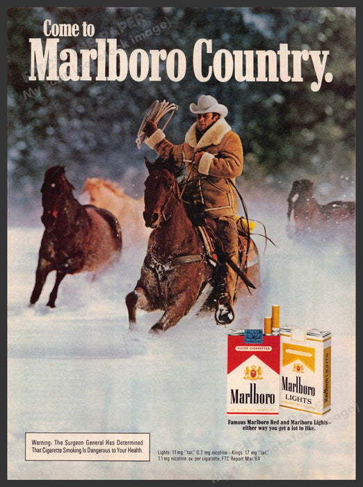 Marlboro Country 1980s Magazine Print Advertisement 1985 Snow Roundup Horses Marlboro