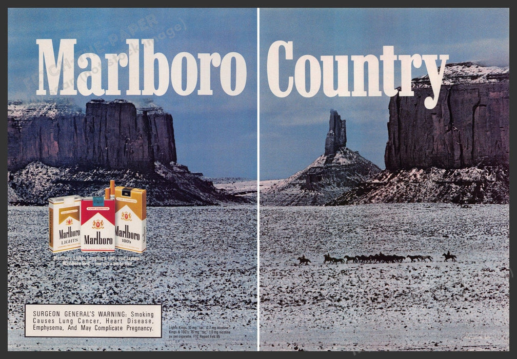 Marlboro Country 1980s Print Advertisement (2 page Centerfold) 1986 Snow Rock Fetch-the-Paper