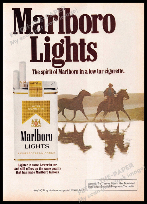 Marlboro Lights 1970s Print Advertisement 1977 Cowboy Horses Running Water Marlboro Lights