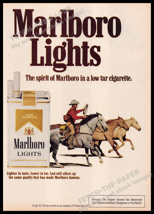 Marlboro Lights 1970s Print Advertisement 1977 Spirit Cowboy Chasing Horses Marlboro Lights