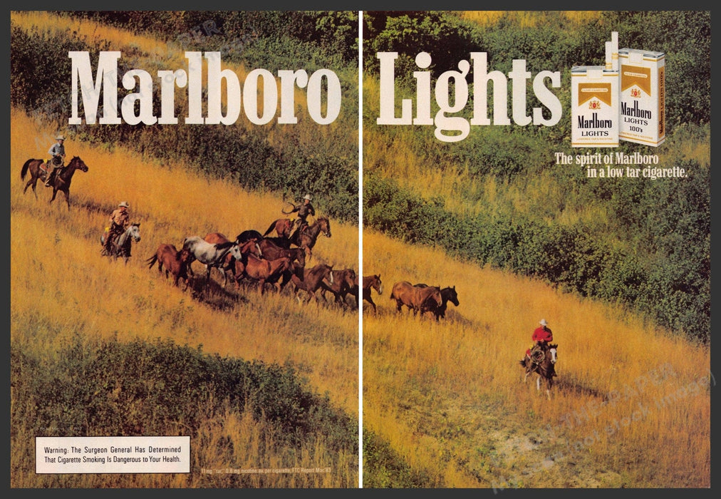 Marlboro Lights 1980s Magazine Print Advertisement (2 pages) 1984 Roundup Grass Marlboro Lights