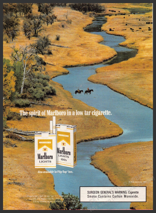 Marlboro Lights 1980s Print Advertisement 1987 Meandering River Horses Marlboro Lights
