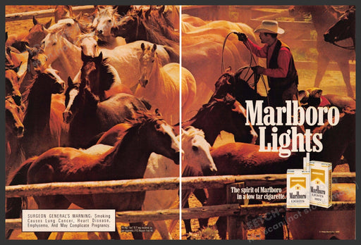 Marlboro Lights 1980s Print Advertisement (2 page) 1987 Cowboy Horses Paddock Marlboro Lights