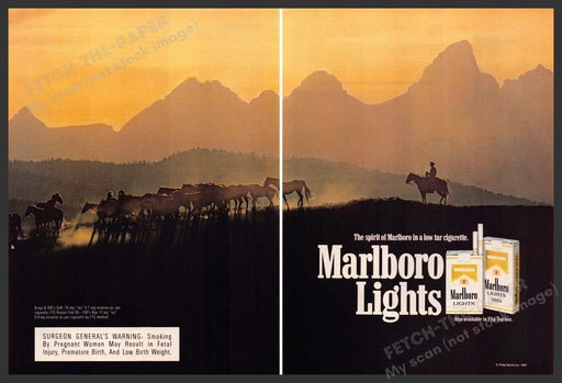 Marlboro Lights 1980s Print Advertisement (2 page) 1987 Mountain Sunset Marlboro