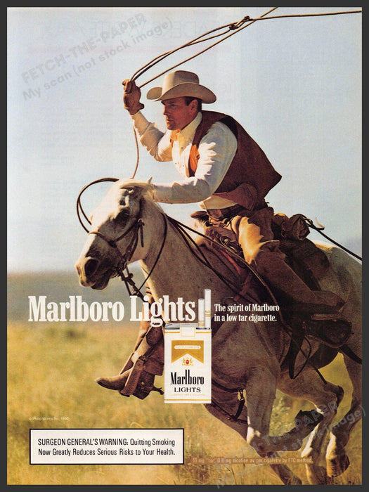 Marlboro Lights 1990s Magazine Print Advertisement 1990 Running Cowboy Roping Marlboro Lights