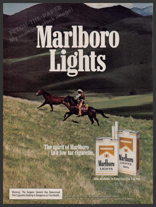 Marlboro Lights Cigarette Cowboy Chasing Horse 1980s Print Advertisement Ad 1981 Fetch-the-Paper