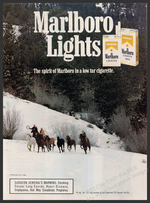 Marlboro Lights Cigarettes 1980s Print Advertisement 1989 Snow Roundup Horses Fetch-the-Paper