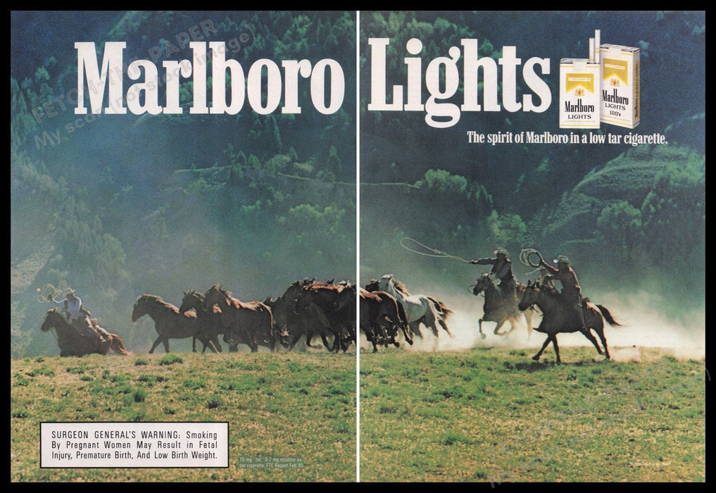 Marlboro Lights Cigarettes 1980s Print Advertisement (2 pages) 1987 Roundup Fetch the Paper!