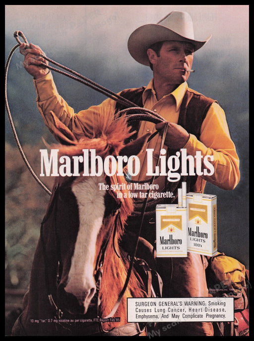Marlboro Lights Cigarettes 1980s Print Advertisement Ad 1987 Roping Cowboy Fetch the Paper!