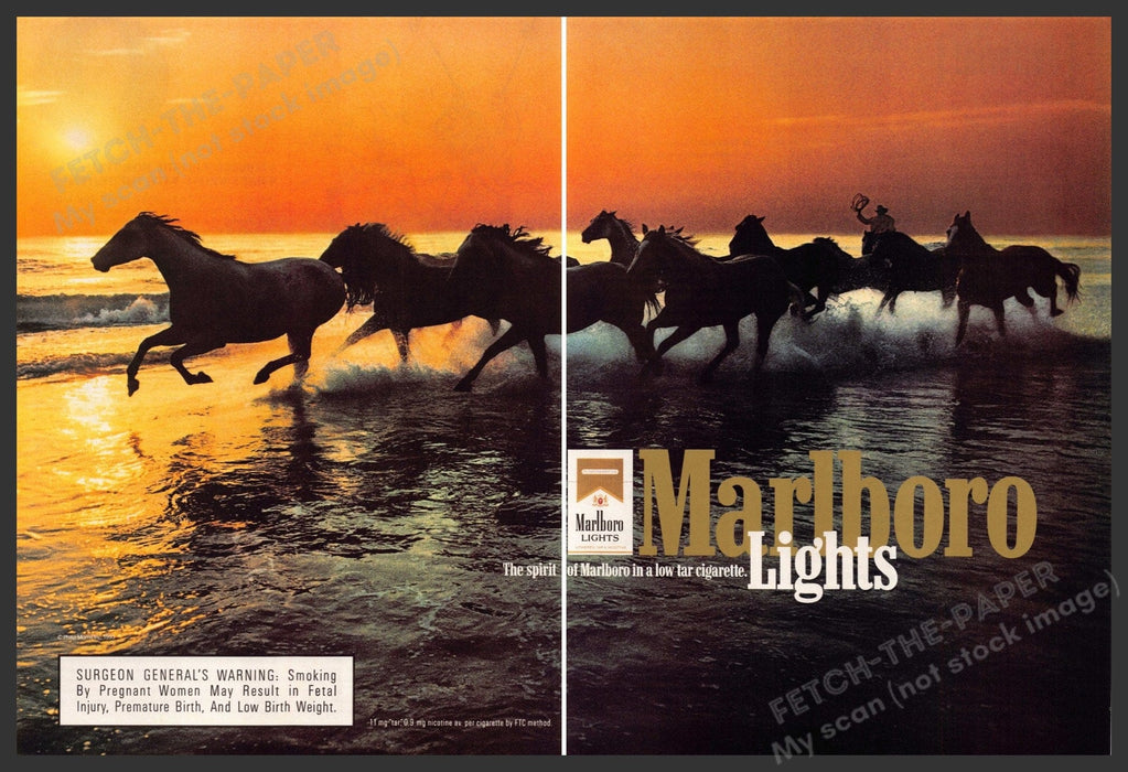 Marlboro Lights Cigarettes 1990s Print Ad (2 pg) 1993 Sunset Water Beach Herd Marlboro