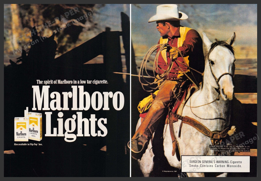 Marlboro Man Roping 1980s Print Advertisement Ad (2 pgs) 1987 Cigarettes Fetch-the-Paper