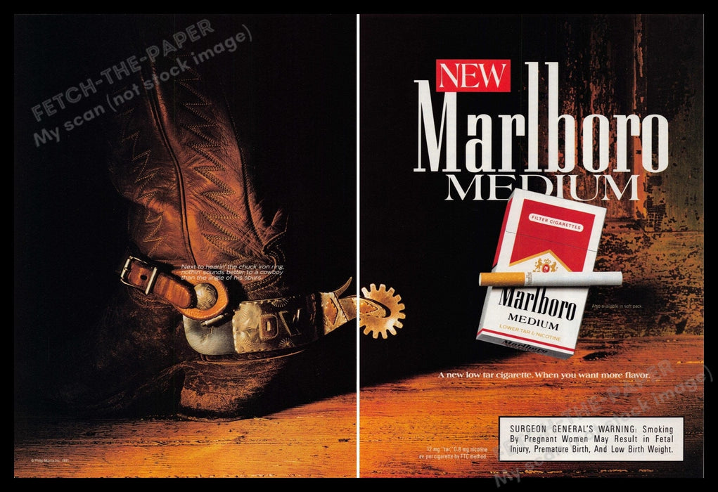 Marlboro Medium Cigarettes 1990s Print Advertisement (2 Pg) 1991 Cowboy Boots Fetch-the-Paper