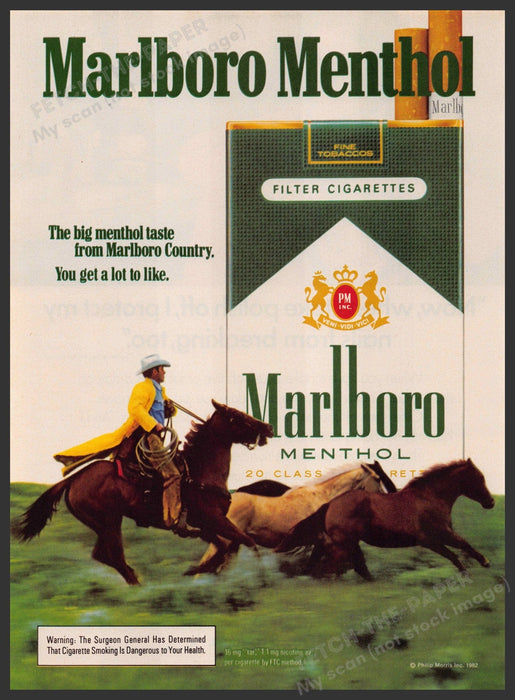 Marlboro Menthol Cigarettes 1980s Print Advertisement 1983 Chasing Horses Fetch-the-Paper