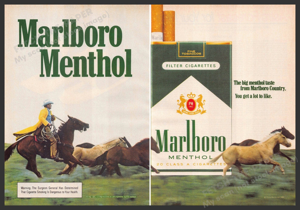 Marlboro Menthol Cigarettes 1980s Print Advertisement (2 page) 1982 Roundup Fetch-the-Paper