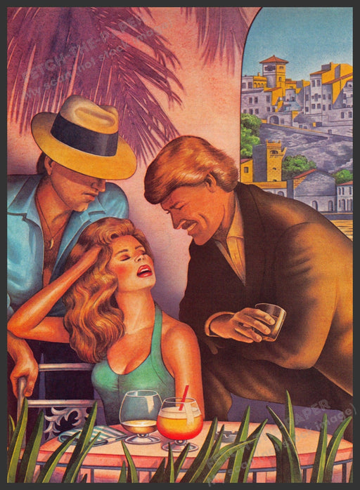 Mary Ann Shea Artist 1980s Magazine Illustration 1984 Suitors Tropical Getaway Fetch-the-Paper