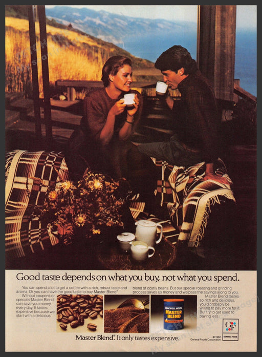 Master Blend Coffee 1980s Print Advertisement 1983  Couple Mountain Home Fetch-the-Paper