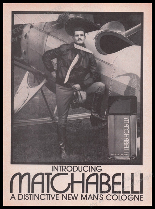 Matchabelli Men's Cologne 1980s Print Advertisement Ad 1980 Old Plane Fetch the Paper!
