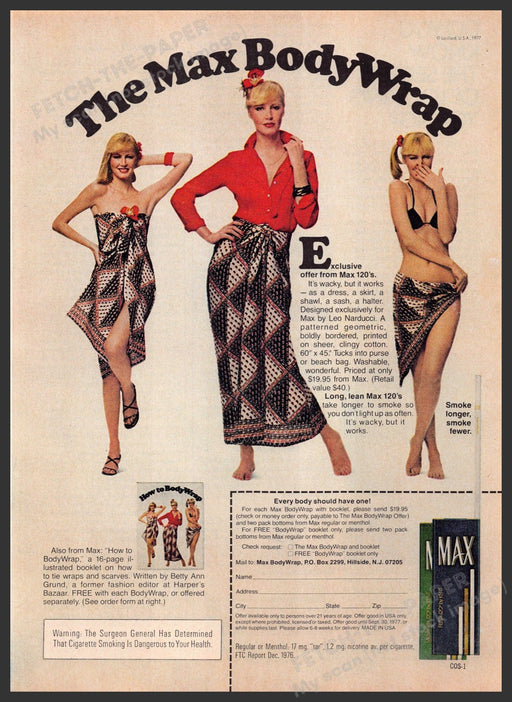 Max BodyWrap 1970s Print Advertisement 1977 Max 120's Legs Fetch-the-Paper