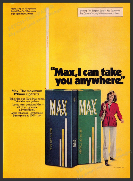 Max Cigarettes 1970s Print Advertisement 1976 "I can take you anywhere" Fetch-the-Paper