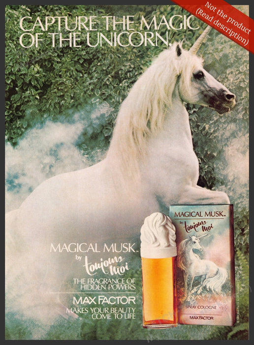 Max Factor 1980s Magazine Print Advertisement 1984 Unicorn Magical Musk Fetch-the-Paper