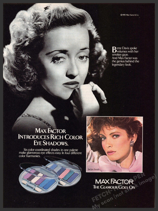 Max Factor 1980s Magazine Print Advertisement 1985 Jaclyn Smith Bette Davis Max Factor