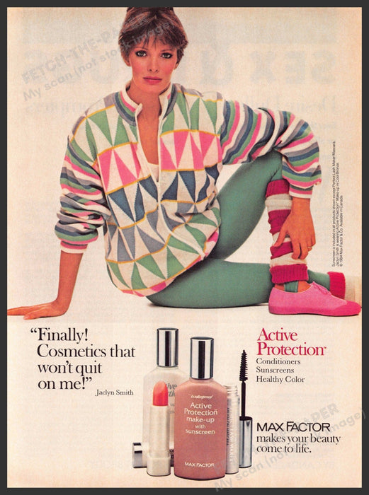 Max Factor 1980s Magazine Print Advertisement Ad 1984 Jaclyn Smith Green Tights Max Factor