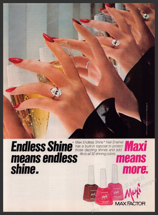 Max Factor 1980s Print Advertisement 1984 Maxi Nails Hands Endless Shine Fetch-the-Paper